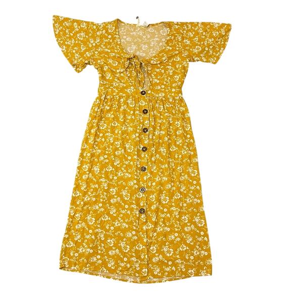 Mimi Chica Yellow Floral Tie Front Button Midi Dress Bell Sleeve Boho Sz Medium - Picture 3 of 8